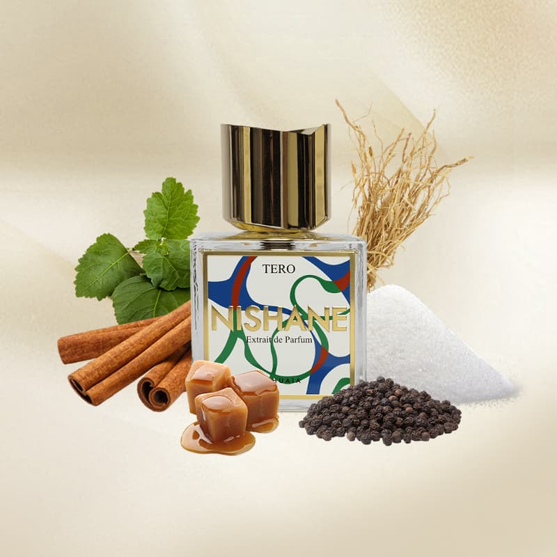 Nishane Tero perfume bottle with cinnamon sticks, mint leaves, and black peppercorns on a beige background