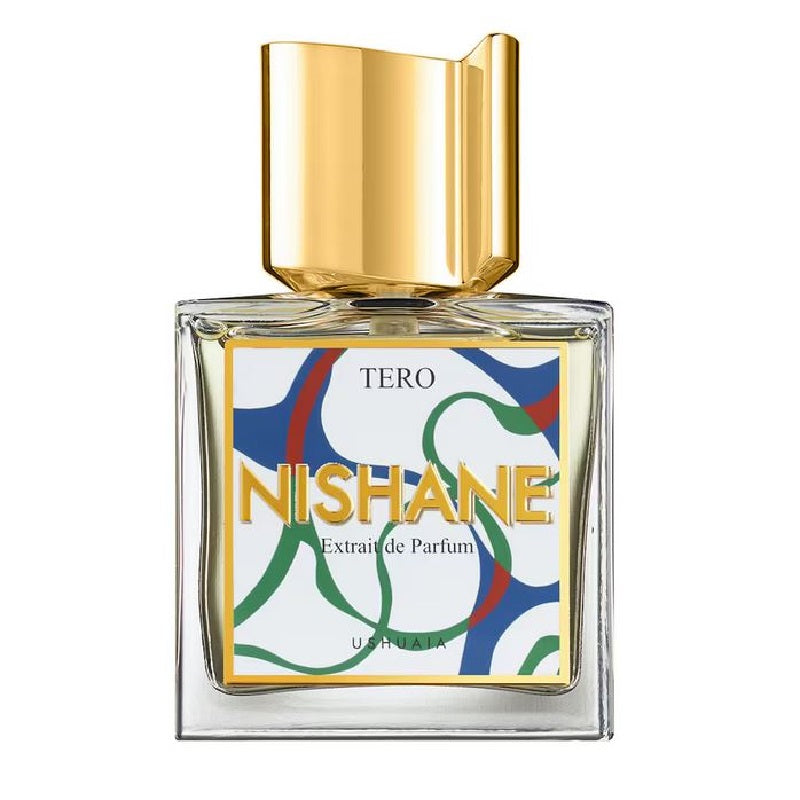 A bottle of Tero Extrait de Parfum by Nishane with a colorful label and a gold-colored cap.