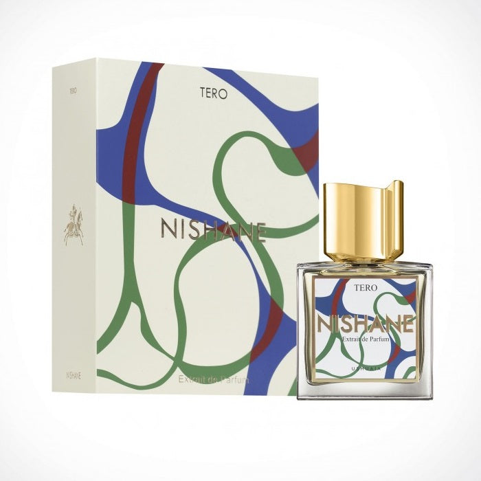 A product image featuring a 50ml bottle of Tero extrai de parfum by Nishane, with a distinctive packaging box. The bottle has a clear liquid visible inside and a gold-colored cap.