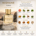 Nishane Tero perfume bottle with fragrance character details on a scenic background