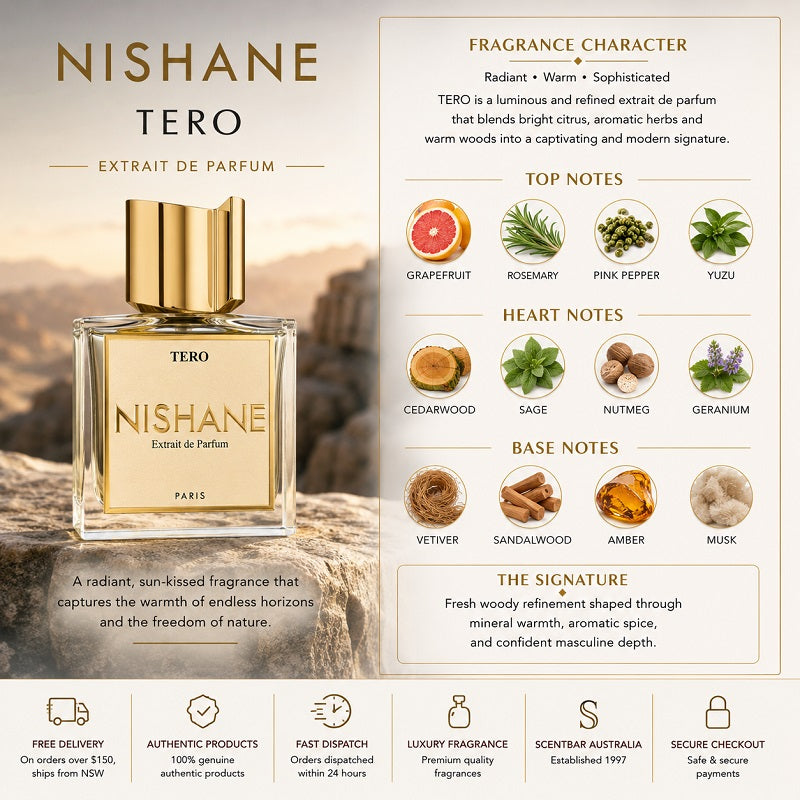 Nishane Tero perfume bottle with fragrance character details on a scenic background