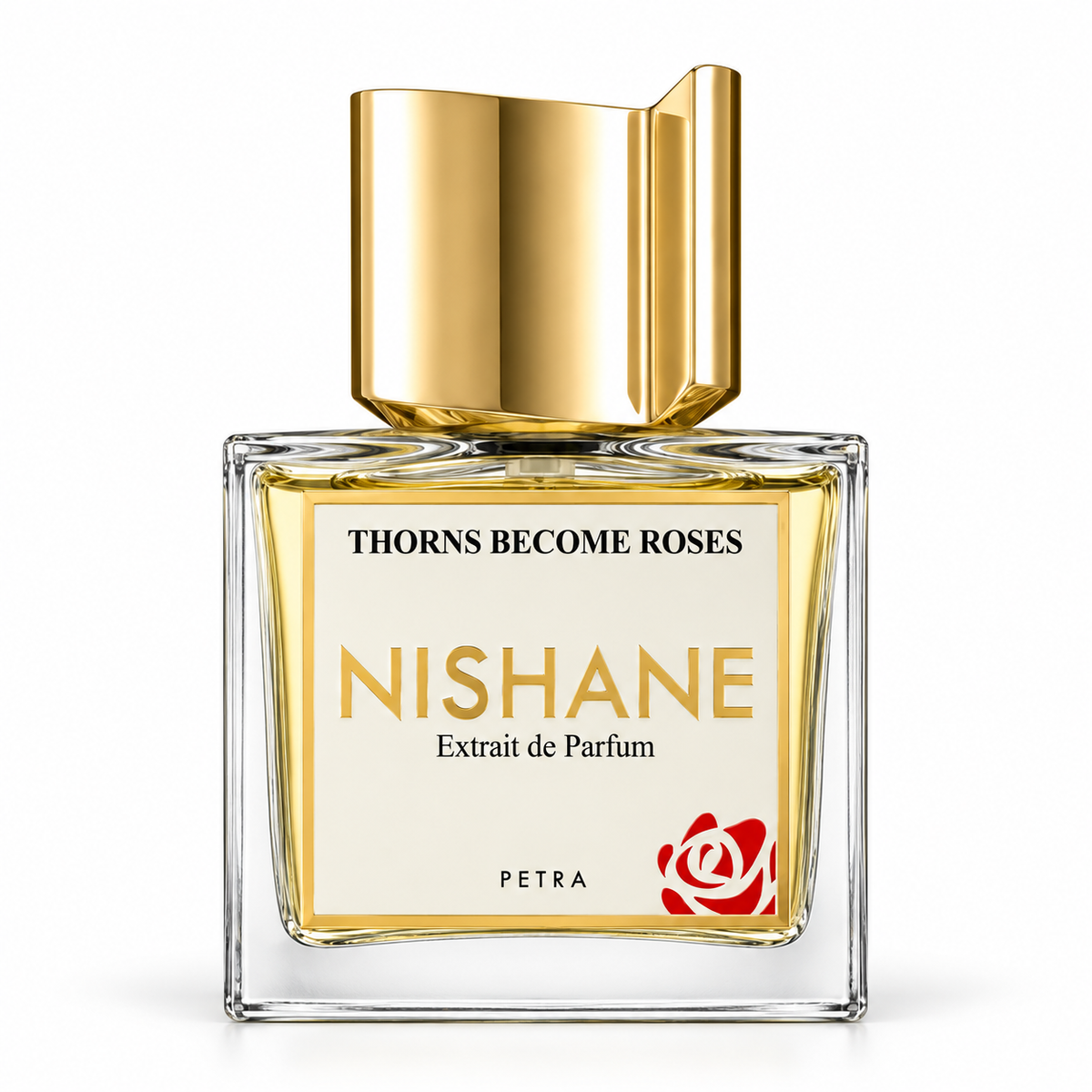 A square glass bottle of Nishane Extrait de Parfum by Petra, featuring a reflective gold cap, golden-yellow liquid, and a cream label with gold and black text and a red rose logo.