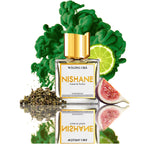 Nishane perfume bottle with green leaves, lime, and figs on a white background