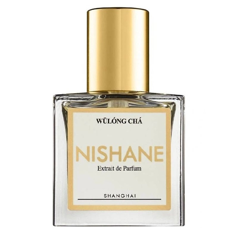 A bottle of Wulong Cha Extrait de Parfum by Nishane with a clear glass container, a gold-colored cap, and a label featuring the product name and brand.