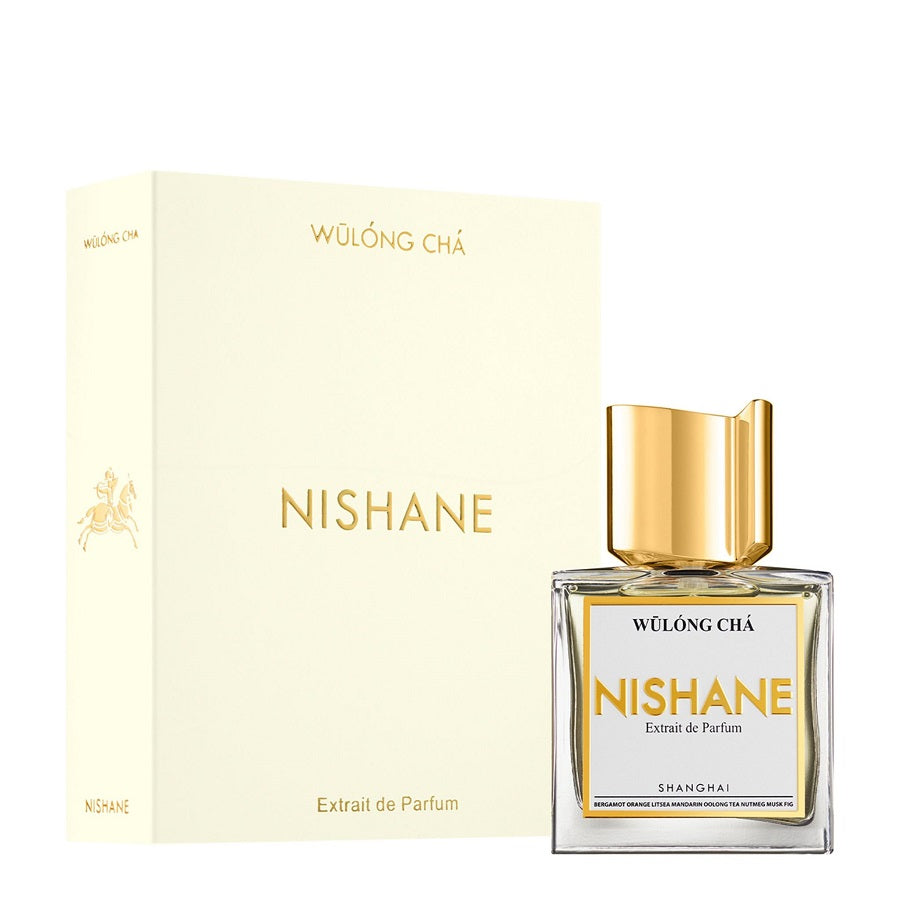 A bottle of Nishane Wulong Cha eau de parfum with a gold cap, accompanied by its packaging box.