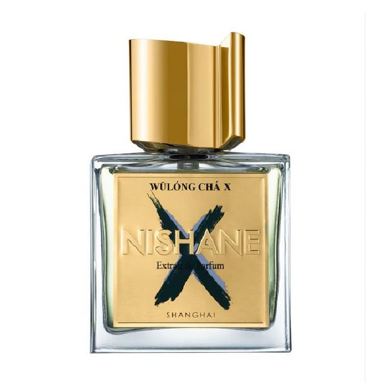 A square-shaped perfume bottle with a clear glass body and a gold-colored cap. The label features the text 'NISHANE' and 'WULONG CHA X' with a graphic design.