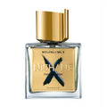 A square-shaped perfume bottle with a clear glass body and a gold-colored cap. The label features the text 'NISHANE' and 'WULONG CHA X' with a graphic design.