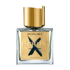 A square-shaped perfume bottle with a clear glass body and a gold-colored cap. The label features the text 'NISHANE' and 'WULONG CHA X' with a graphic design.