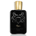 A black bottle of Oajan Royal Essence Eau de Parfum by Parfums de Marly with a gold cap, featuring an engraved emblem on the front.