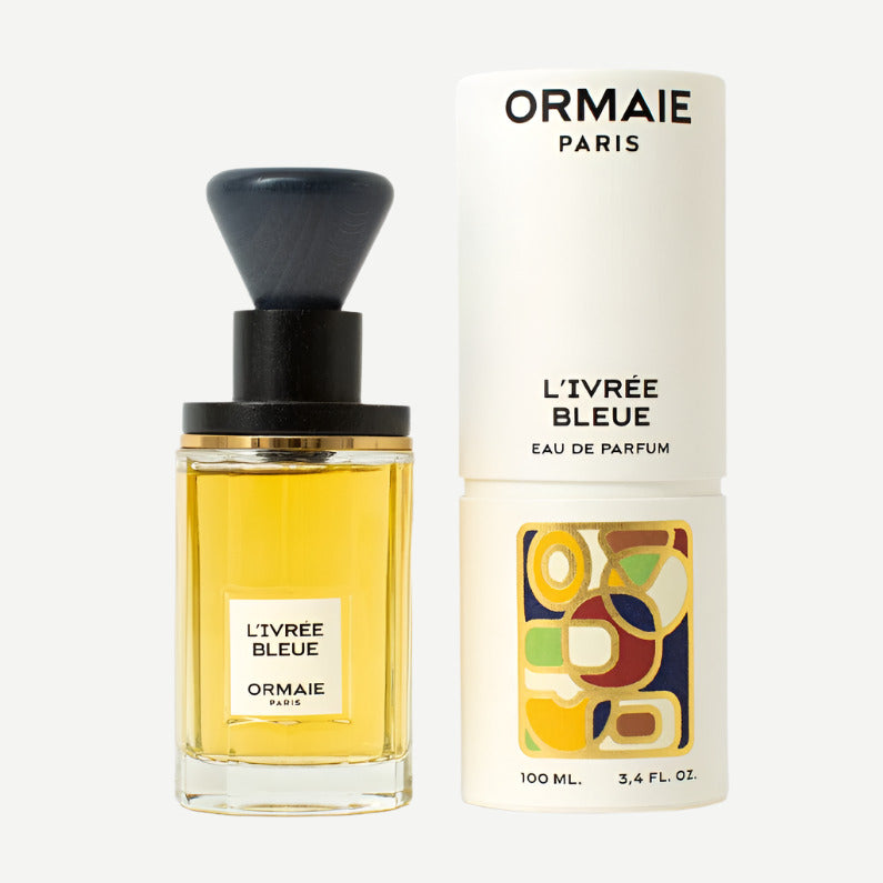 Pack Image: Ormaie L'Ivrée Bleue 100ml Extrait de Parfum bottle and presentation box on a white background.