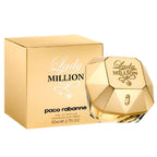 A gold-colored, faceted bottle of Paco Rabanne's Lady Million Eau de Parfum, accompanied by its packaging box.