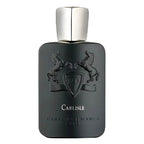 Black perfume bottle with silver cap on a white background