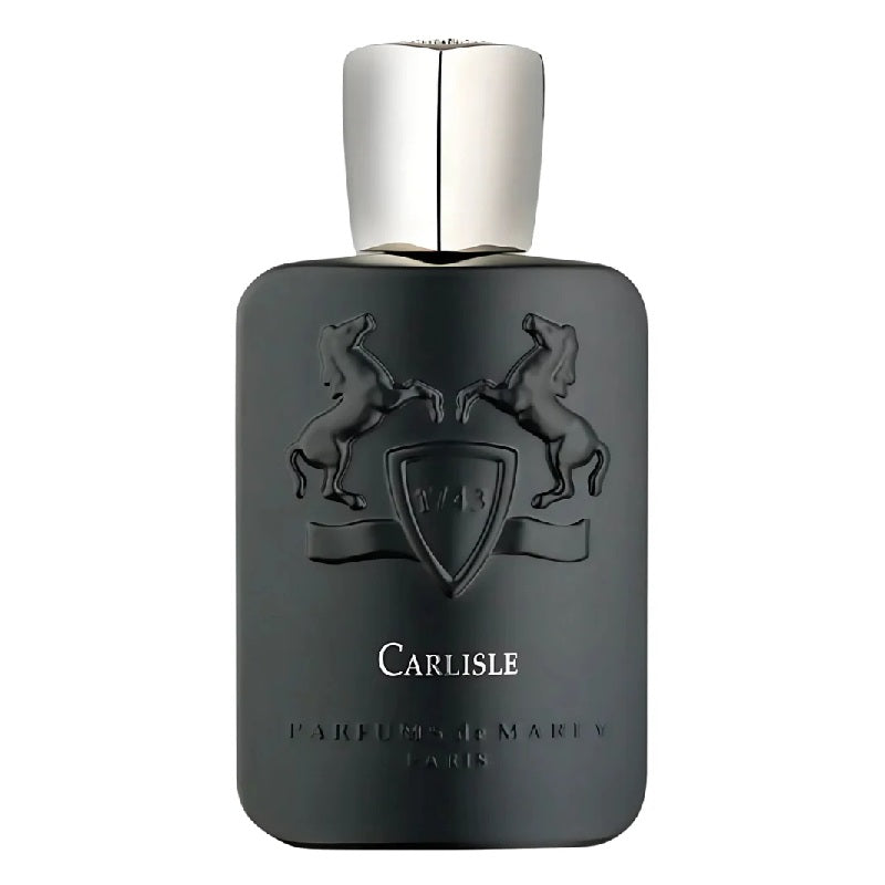 Black perfume bottle with silver cap on a white background