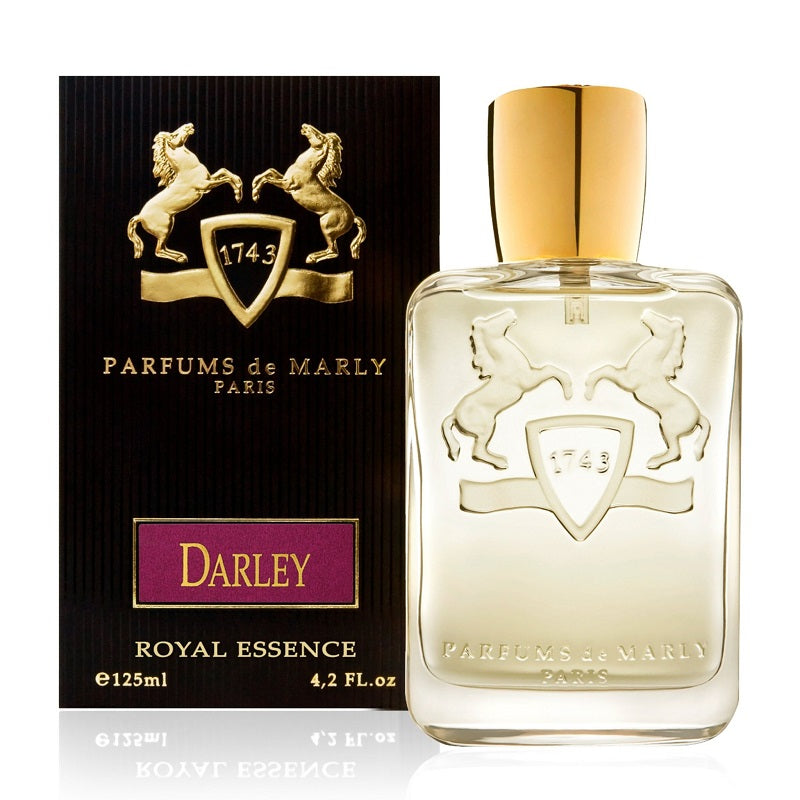 Image featuring a 125ml bottle of Parfums de Marly Darley Eau De Parfum, with a black box packaging that has a gold unicorn and the brand's logo.