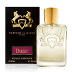 Image featuring a 125ml bottle of Parfums de Marly Darley Eau De Parfum, with a black box packaging that has a gold unicorn and the brand's logo.