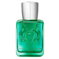 A green glass perfume bottle with a silver cap, featuring an embossed crest with two rearing horses and the text 'PARFUMS DE MARLY' on the front.