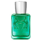 A green glass perfume bottle with a silver cap, featuring an embossed crest with two rearing horses and the text 'PARFUMS DE MARLY' on the front.