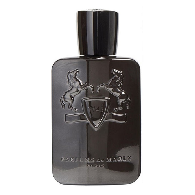 A dark, glossy rectangular perfume bottle with a matching cap, featuring an embossed crest with two rearing horses and the text 'PARFUMS de MARLY PARIS' at the bottom.