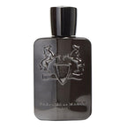 A dark, glossy rectangular perfume bottle with a matching cap, featuring an embossed crest with two rearing horses and the text 'PARFUMS de MARLY PARIS' at the bottom.