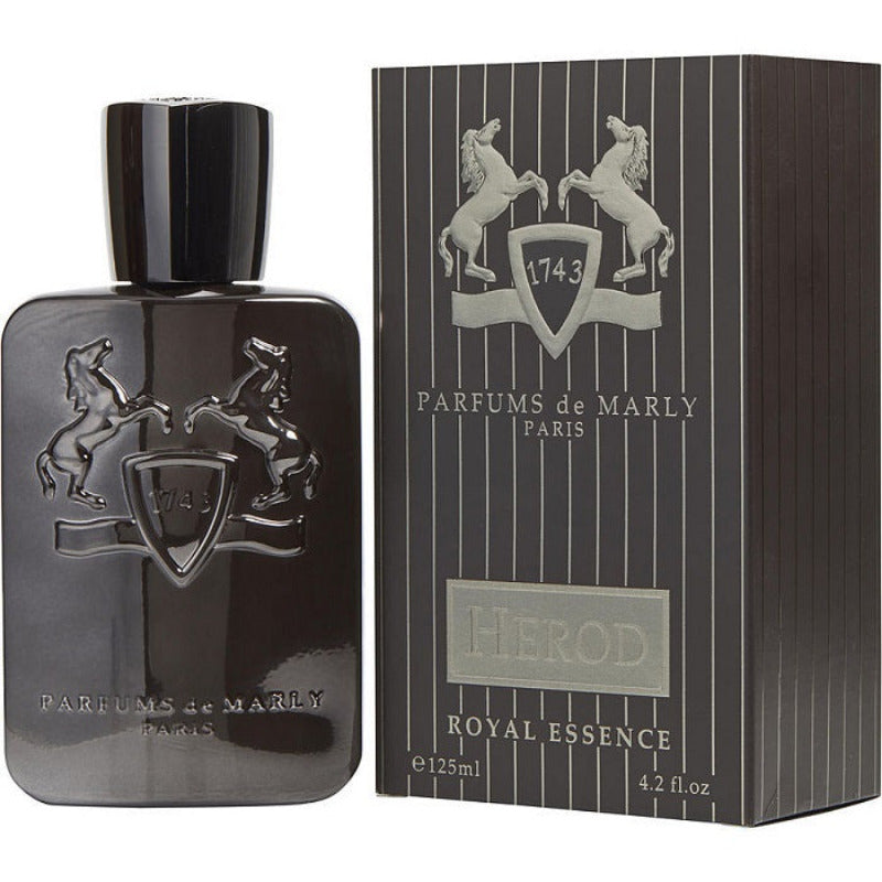 Box and Bottle Image: Herod Royal Essence 125 ml Eau de Parfum by Parfums de Marly – rich brown bottle and elegant box reflecting luxury, heritage, and masculine refinement.