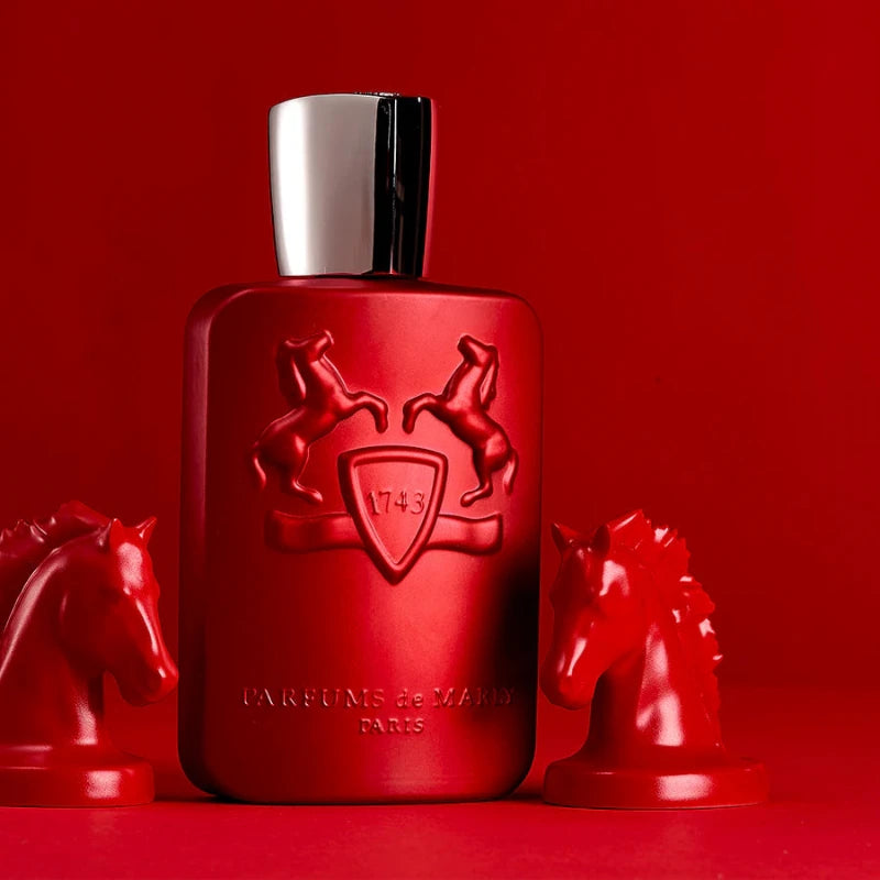 Lifestyle Image: Kalan 75 ml Eau de Parfum by Parfums de Marly – styled in a bold, moody setting evoking confidence, energy, and timeless allure.