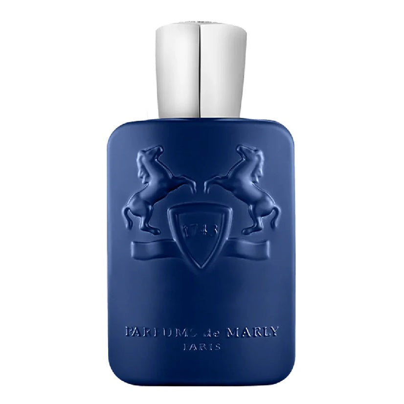 A blue bottle of Layton Eau de Parfum by Parfums De Marly with a white cap, featuring an embossed design of a horse and a shield.