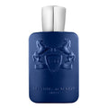 A blue bottle of Layton Eau de Parfum by Parfums De Marly with a white cap, featuring an embossed design of a horse and a shield.