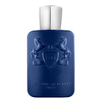 A blue bottle of Layton Eau de Parfum by Parfums De Marly with a white cap, featuring an embossed design of a horse and a shield.