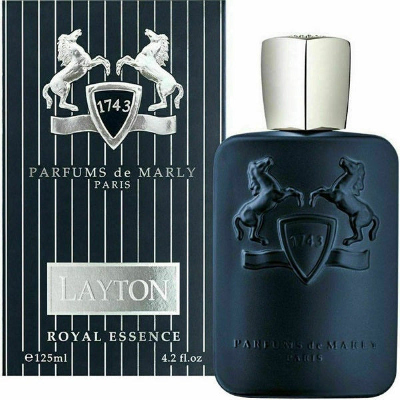 Product image of Layton Eau De Parfum by Parfums De Marly, featuring a 125ml bottle with a dark cap and a label with the brand's logo and the name Layton.