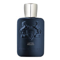 A dark navy blue rectangular perfume bottle with a metallic silver cap, featuring an embossed crest with two rearing horses and the text 'LAYTON EXCLUSIF' and 'PARFUMS DE MARLY PARIS'.