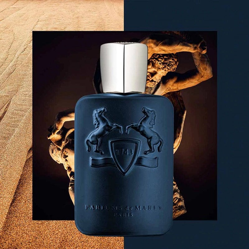 Lifestyle Image: Layton Exclusif 75 ml Eau de Parfum by Parfums de Marly – styled in an opulent evening setting evoking confidence, intrigue, and timeless allure.