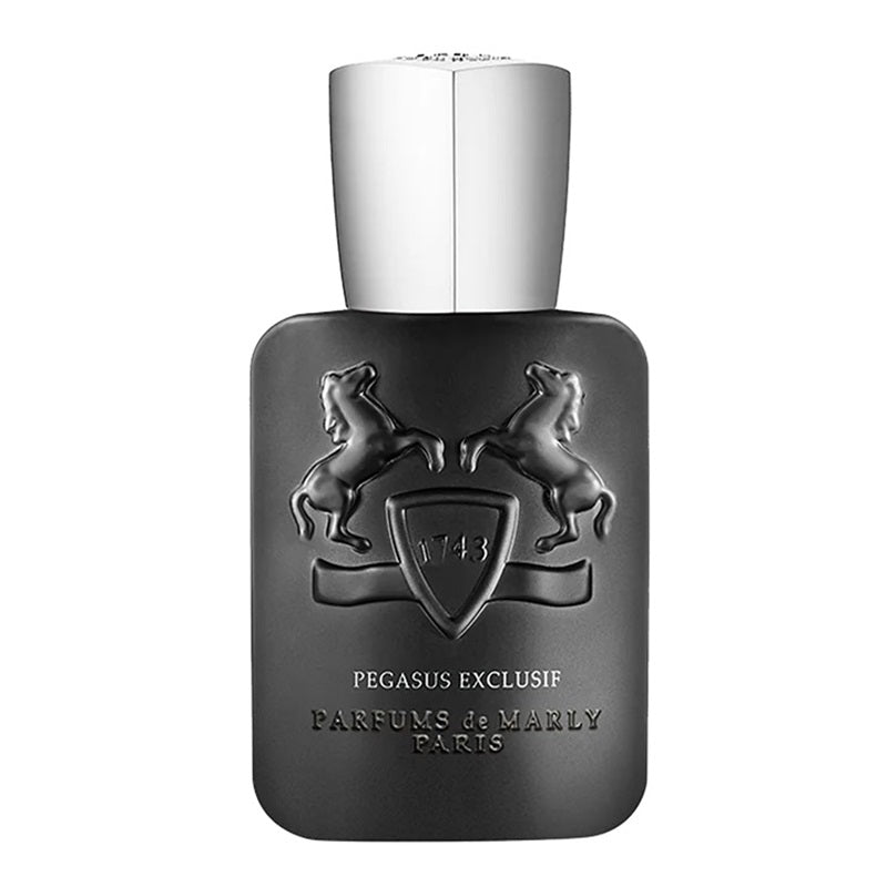 A matte black rectangular perfume bottle with a polished silver cap, featuring embossed horse and shield logos and the text 'PEGASUS EXCLUSIF PARFUMS DE MARLY PARIS' on a white background.