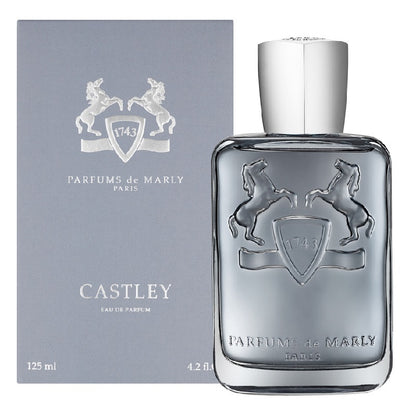 Box and Bottle Image: Castley 125 ml Eau de Parfum by Parfums de Marly – bottle and matching box reflecting refinement, romance, and contemporary French style.