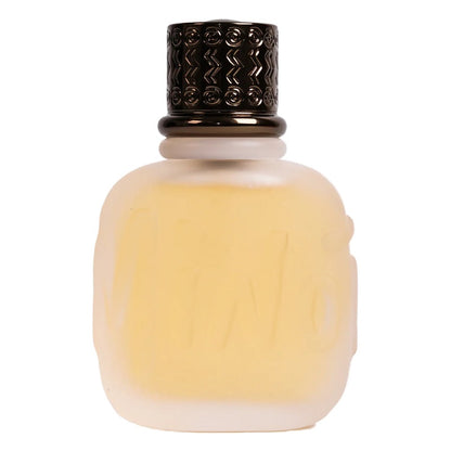 Small beige bottle with a decorative black cap on a white background