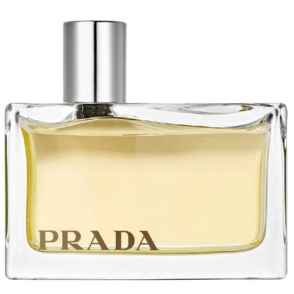 Prada perfume bottle with a clear glass container and silver cap on a white background