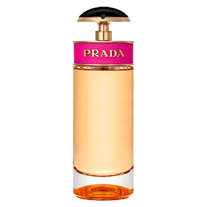 Prada perfume bottle with pink cap on a white background