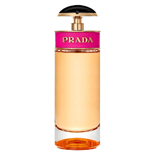 Prada perfume bottle with pink cap on a white background