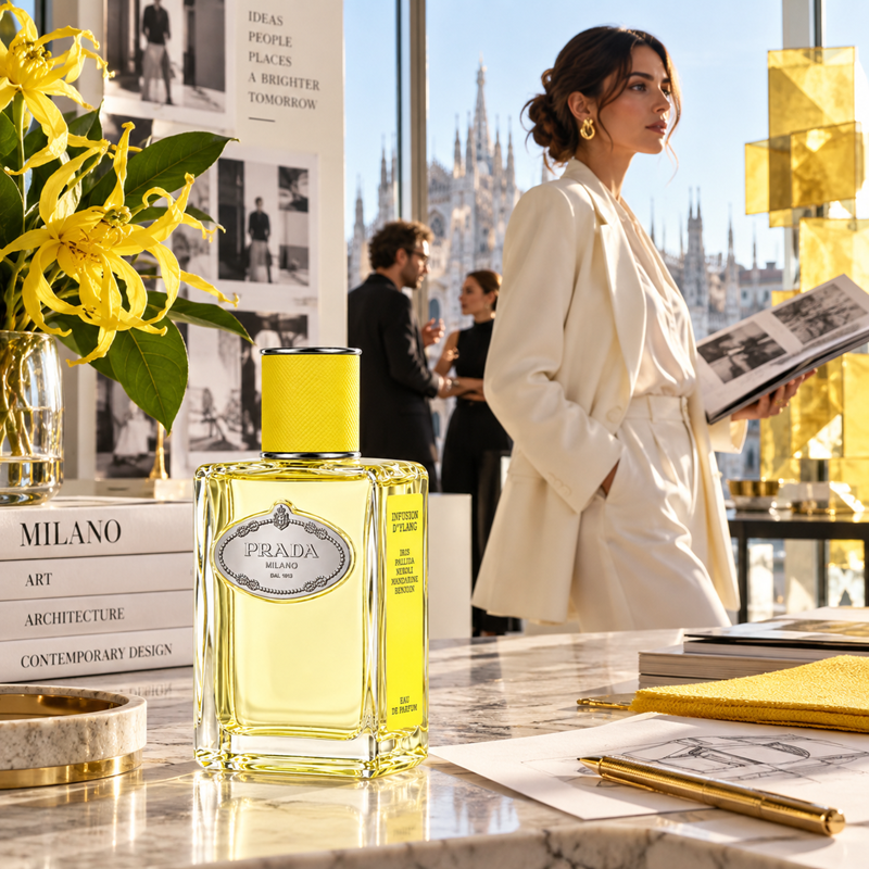 A bottle of Prada Parfums Eau de Parfum with pale yellow liquid and a bright yellow cap sits on a marble table in a stylish interior. A woman in a cream coat stands in the background near large windows with a view of Milan, with yellow flowers and books in the foreground.