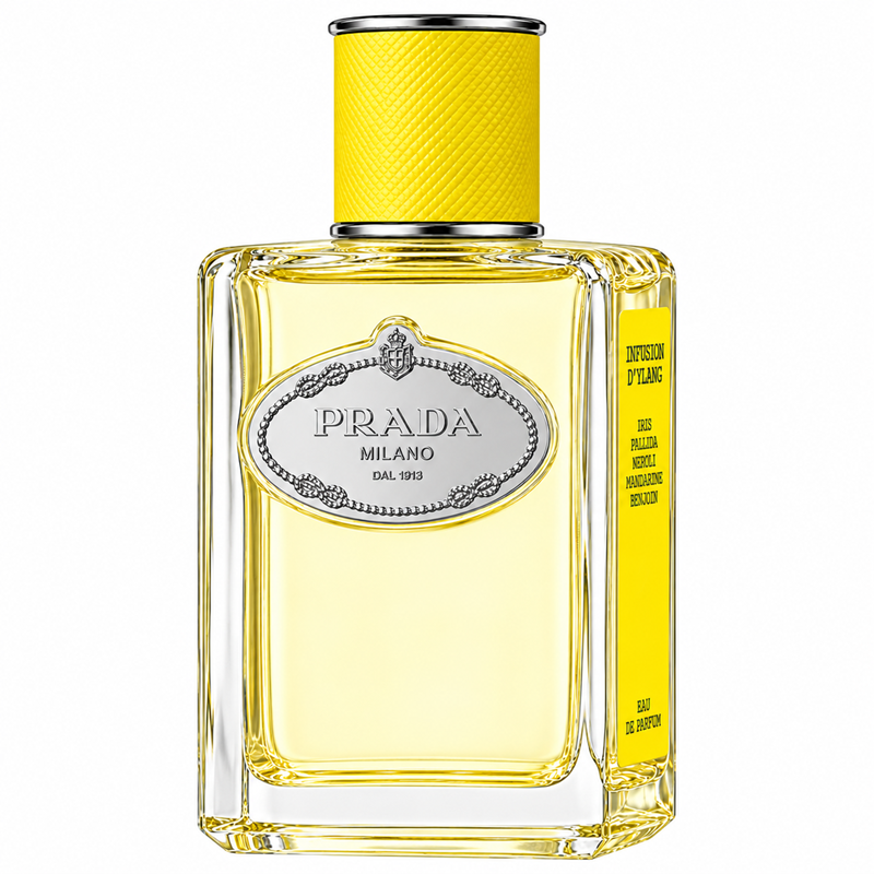 Prada Milano Deodorant Spray in a clear glass bottle with a bright yellow textured cap and a yellow label, on a white background.