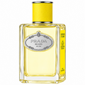 Prada Milano Deodorant Spray in a clear glass bottle with a bright yellow textured cap and a yellow label, on a white background.