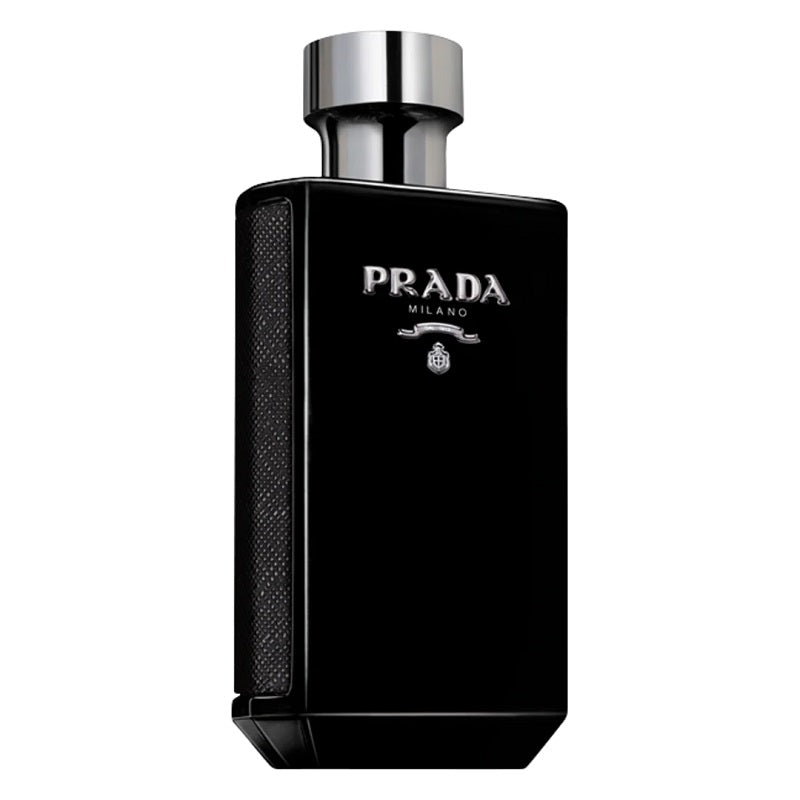 Black Prada Milano perfume bottle on a white background