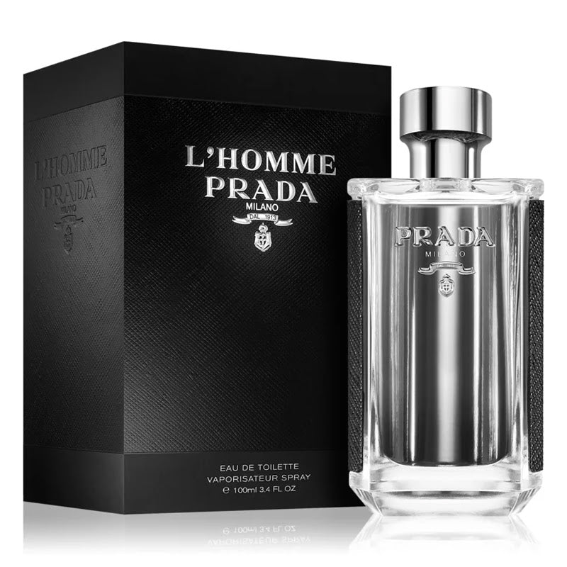 Prada L'Homme perfume bottle and packaging on a white background