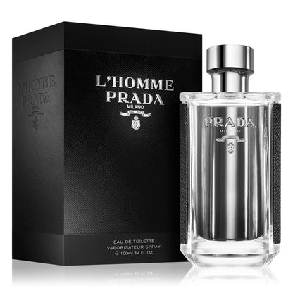 Prada L'Homme perfume bottle and packaging on a white background