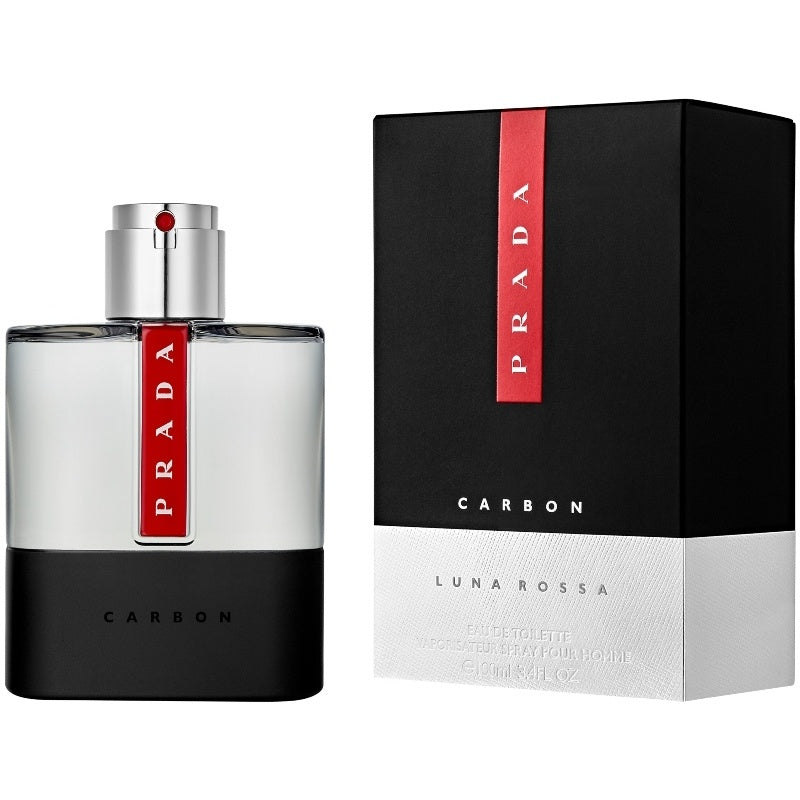 Prada Luna Rossa Carbon perfume bottle and packaging on a white background