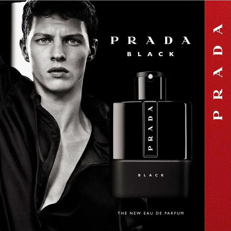 Prada Black bottle with Model in the background and ed Prada banner
