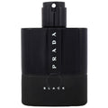 A black bottle of Prada Luna Rossa Black eau de parfum with a white cap and label.