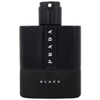 A black bottle of Prada Luna Rossa Black eau de parfum with a white cap and label.