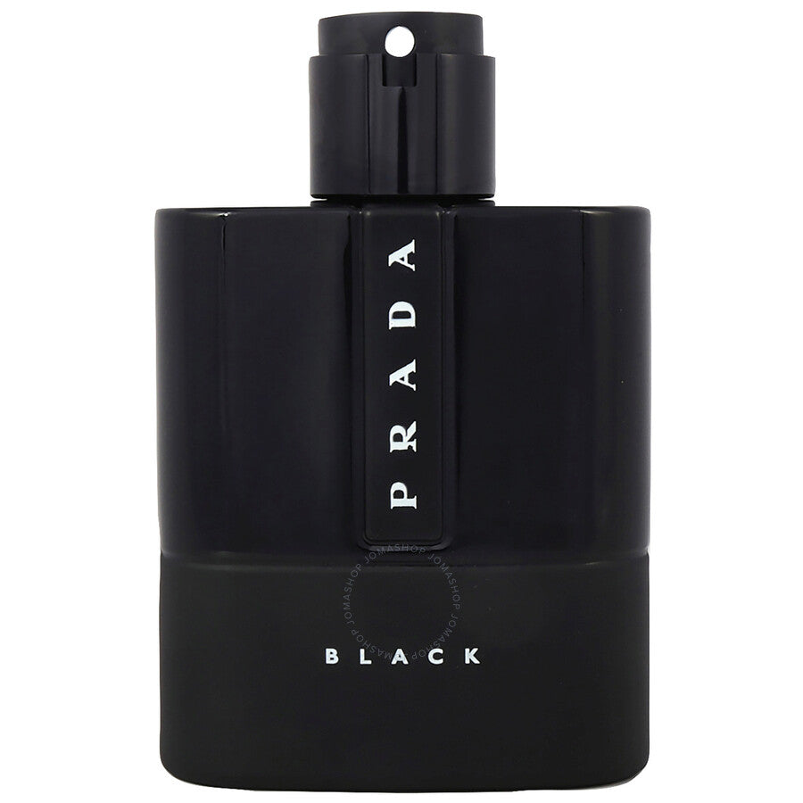 A black bottle of Prada Luna Rossa Black eau de parfum with a white cap and label.