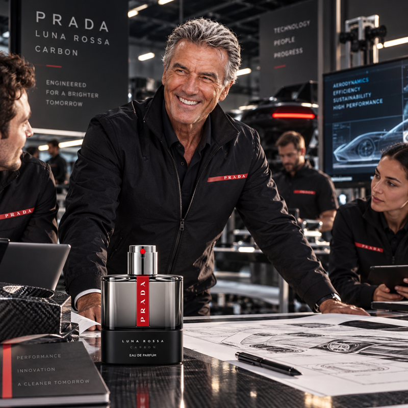 A man in a black Prada jacket smiles behind a Prada Luna Rossa Carbon Eau de Parfum bottle on a table, with team members and automotive-themed displays in the background.