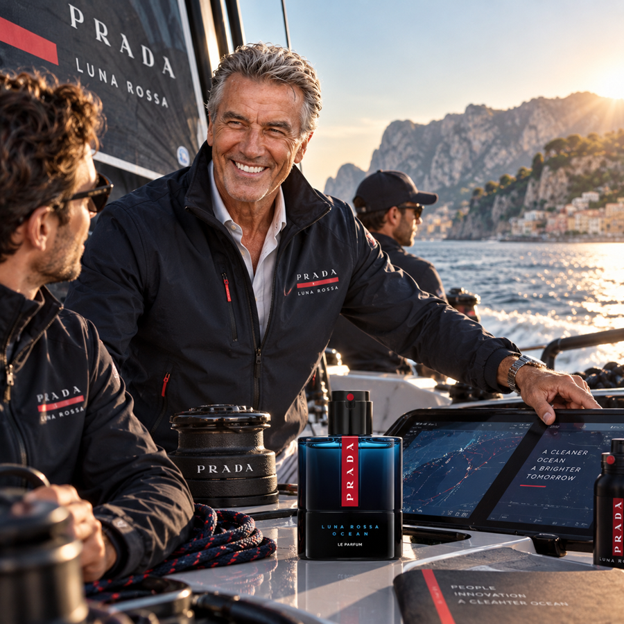 A man in a Prada jacket stands on a boat with another person beside him, with ocean and rocky coastline in the background. Prada perfume bottles and branded accessories are displayed on the boat deck.